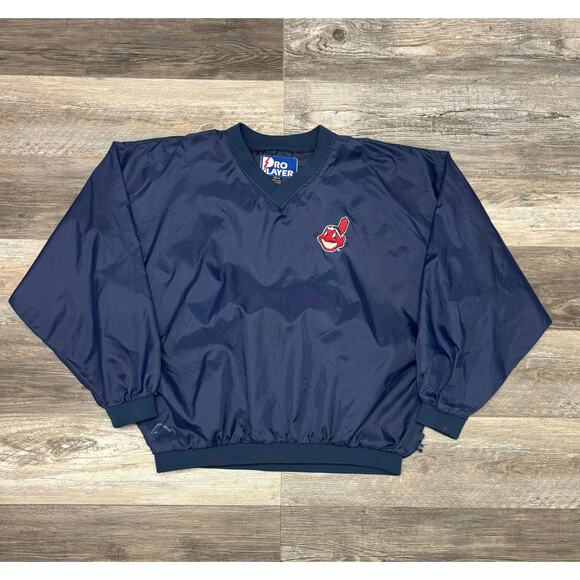 Vintage 90s Pro Player Cleveland Indians Blue Mens XL V-Neck Windbreaker Jacket - Picture 1 of 12
